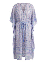 Caftans Juliet Dunn Caftan Tie Belt Mexican Print Mirror Embroidery White/Blue ONE SIZE / Light Blue Apoella