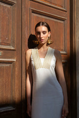 Dresses Ancient Kallos Ariadni Cord Embroidered Linen Midi Dress Off White S / White Apoella