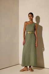Dresses Ancient Kallos Ino One Shoulder Linen Midi Dress Gold Buckles Olive Green Apoella