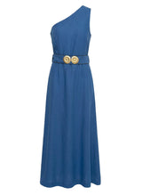 Dresses Ancient Kallos Ino One Shoulder Linen Midi Dress W. Gold Buckles Greek Blue S / Blue Apoella