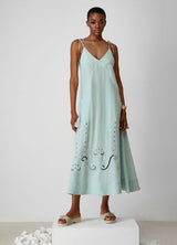 Dresses Ancient Kallos Little Venice Linen Cut Embroidered Long Dress Pistachio Apoella