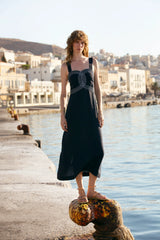 Dresses Ancient Kallos Selini Cord Embroidered Linen Midi Dress Navy Blue Apoella