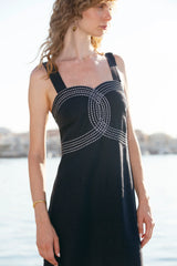 Dresses Ancient Kallos Selini Cord Embroidered Linen Midi Dress Navy Blue Apoella