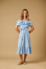 Dresses APOELLA Chryssiana Poplin Off Shoulder Long Dress Sky Apoella