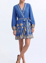 Dresses Greek Archaic Kori Papyrus Wrap Short Dress Blue Raf/Gold M / Blue Apoella