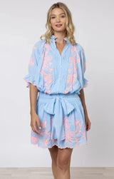 Dresses Juliet Dunn Blouson Dress Butterfly Embroidery Blue/Neon Pink Apoella