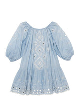 Dresses Juliet Dunn Boho Short Dress W. Tonal Block Print & Paillete Embroidery Blue Tonal 1 / Blue Apoella