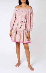 Dresses Juliet Dunn Ditzy Floral Block Print Short Boho Dress W. Ric Rac Embroidery Pale Blue/fuschia ONE SIZE / Color Apoella