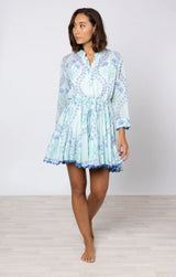 Dresses Juliet Dunn Long Sleeve Beach Dress Ginkgo Print & Ric Rac Aqua/blue Apoella