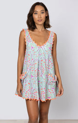 Dresses Juliet Dunn Low Back Dress Ditzy Block Print With Ric Rac Aqua/Neon Red ONE SIZE / Aqua Neon Red Apoella