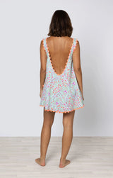 Dresses Juliet Dunn Low Back Dress Ditzy Block Print With Ric Rac Aqua/Neon Red ONE SIZE / Aqua Neon Red Apoella