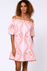 Dresses Juliet Dunn Off-shoulder Mini Dress Ginkgo Block Print & Ric Rac Pale Pink/Red Apoella