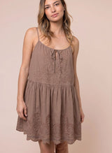 Dresses Juliet Dunn Poplin Loose Strappy Mini Dress With Cutwork Embroidery Mocha Apoella