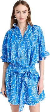 Dresses Juliet Dunn Small Flower Block Print Short Blouson Dress W. Lurex Stripe Sapphire/silver Apoella