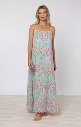 Dresses Juliet Dunn Square Neck Maxi Dress Ditzy Print W Ric Rac Aqua/Neon Red Apoella