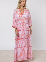 Dresses Juliet Dunn V-neck Loose Maxi Dress Ginkgo Print & Ric Rac Pale Pink/Red Apoella
