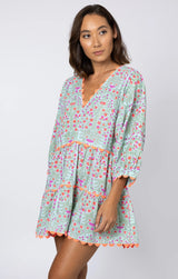 Dresses Juliet Dunn V-neck Tiered Mini Dress In Ditzy Print With Ric Rac Aqua/Neon Red Apoella