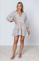 Dresses Juliet Dunn V-neck Tiered Mini Dress In Ditzy Print With Ric Rac Aqua/Neon Red Apoella