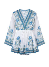 Playsuit Juliet Dunn Flared Sleeve Playsuit Rose Border Print White/Blue/Aqua Apoella