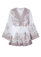 Playsuit Juliet Dunn Flared Sleeve Playsuit Rose Border Print White/Candy/Peach Apoella