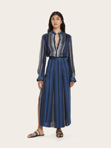 Shirts Zeus n Dione Hera Long Sleeve Textured Silk Shirt Mao Neck Navy Blue Apoella