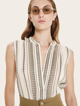 Shirts Zeus n Dione Hera Sleeveless Textured Silk Top Mao Neck Khaki/Ivory Apoella
