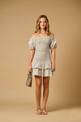 Tops Apoella Annie Puff Sleeve Smocked Top Striped Khaki Apoella