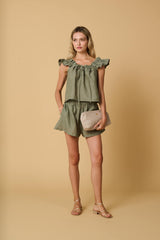 Tops Apoella Koko Ruffle Linen Top Khaki Apoella