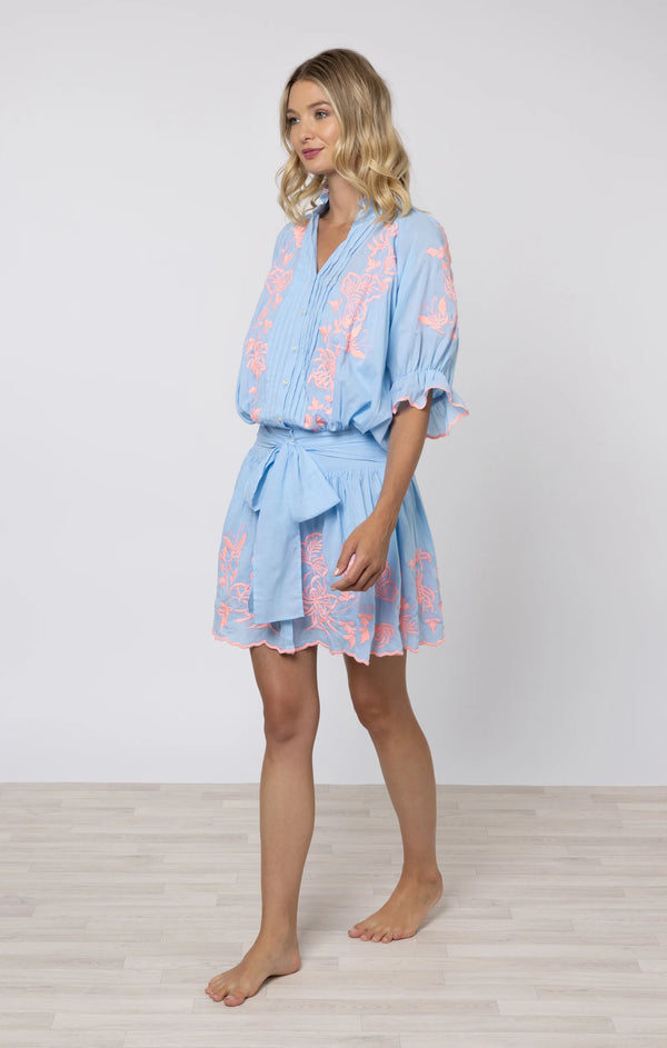 Blouson Dress Butterfly Embroidery Blue/Neon Pink