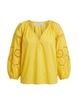 Blouses Ancient Kallos Iphigenia Cut Embroidered Long Sleeve Top Lemon Yellow Apoella