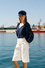 Blouses Ancient Kallos Iphigenia Cut Embroidered Long Sleeve Top Navy Blue Apoella