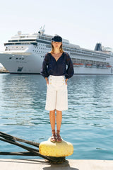 Blouses Ancient Kallos Iphigenia Cut Embroidered Long Sleeve Top Navy Blue Apoella