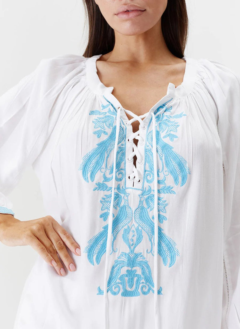 Blouses Melissa Odabash Kitty Lace Up Embroidered Top White/Sky O/S / White Apoella