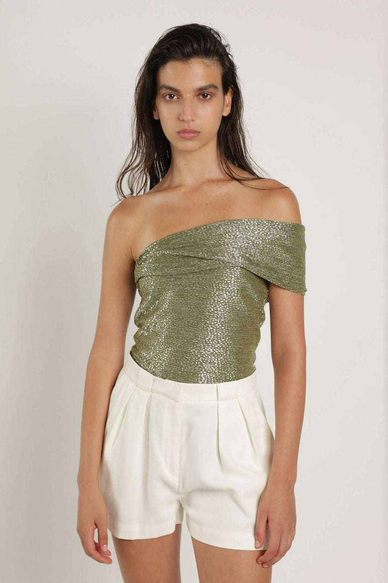 Bodysuit Sabina Musayev Illai One Shoulder Bodysuit Olive Green Sparkle Apoella