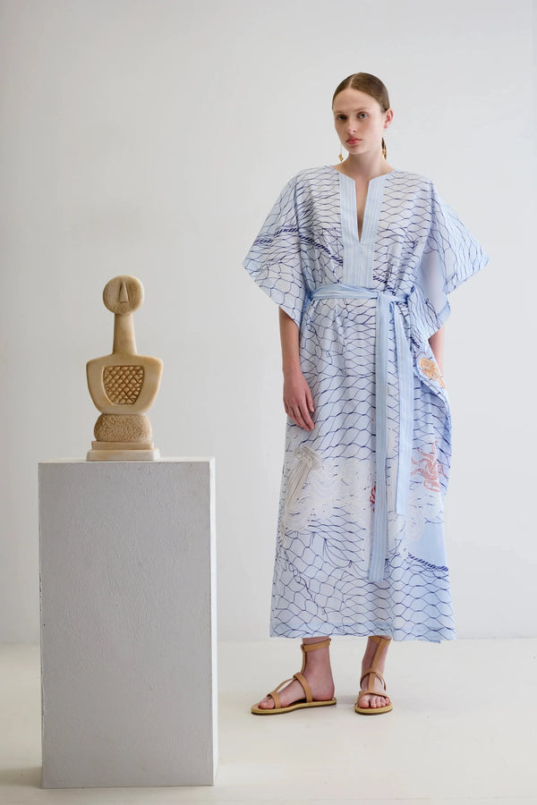 Caftans Ancient Kallos Aegean Myth Belted Caftan Light Blue O/S / Light Blue Apoella
