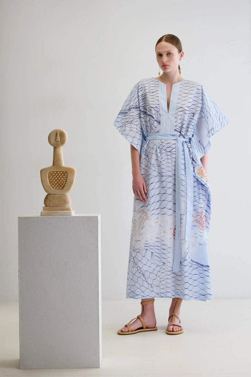 Caftans Ancient Kallos Aegean Myth Belted Caftan Light Blue O/S / Light Blue Apoella