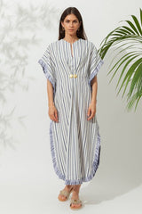 Caftans Ancient Kallos Faros Striped Midi Kaftan White/Blue Apoella