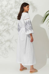 Caftans Ancient Kallos Penelope Embroidered Long Kaftan White/Stone Apoella