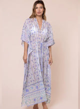 Caftans Juliet Dunn Caftan Tie Belt Mexican Print Mirror Embroidery White/Blue ONE SIZE / Light Blue Apoella