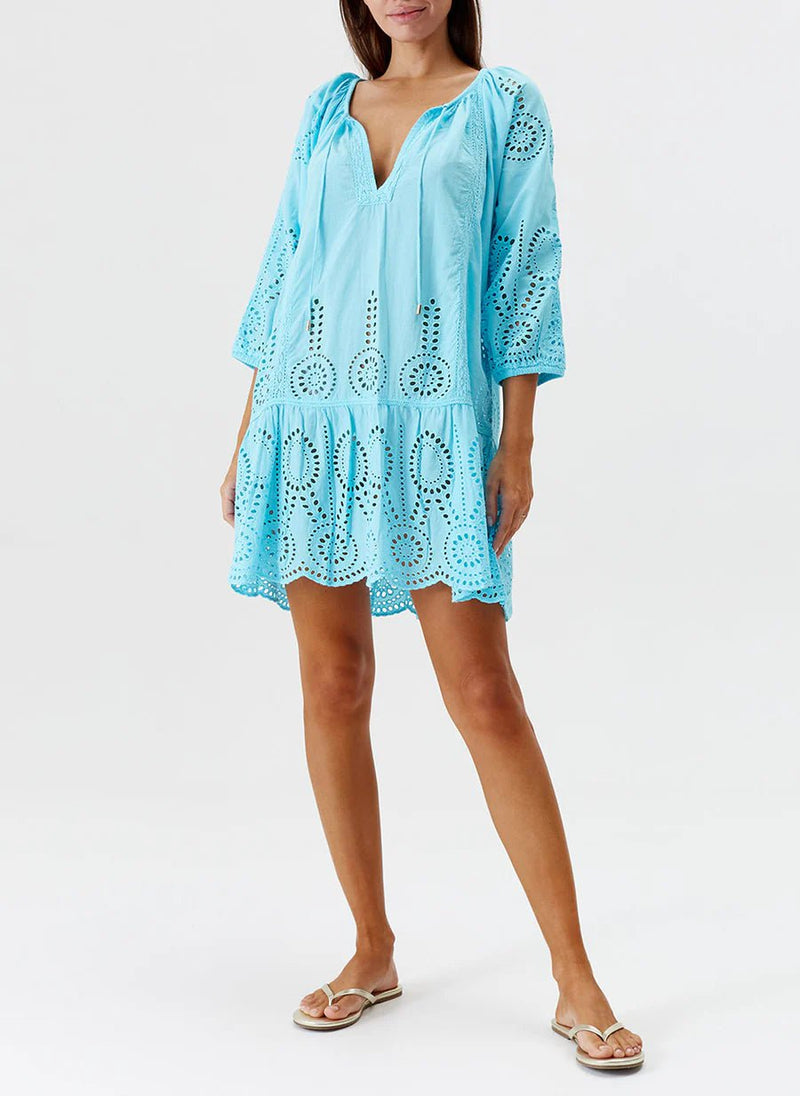 Caftans Melissa Odabash Ashley Embroidered Short Dress Turquoise Apoella