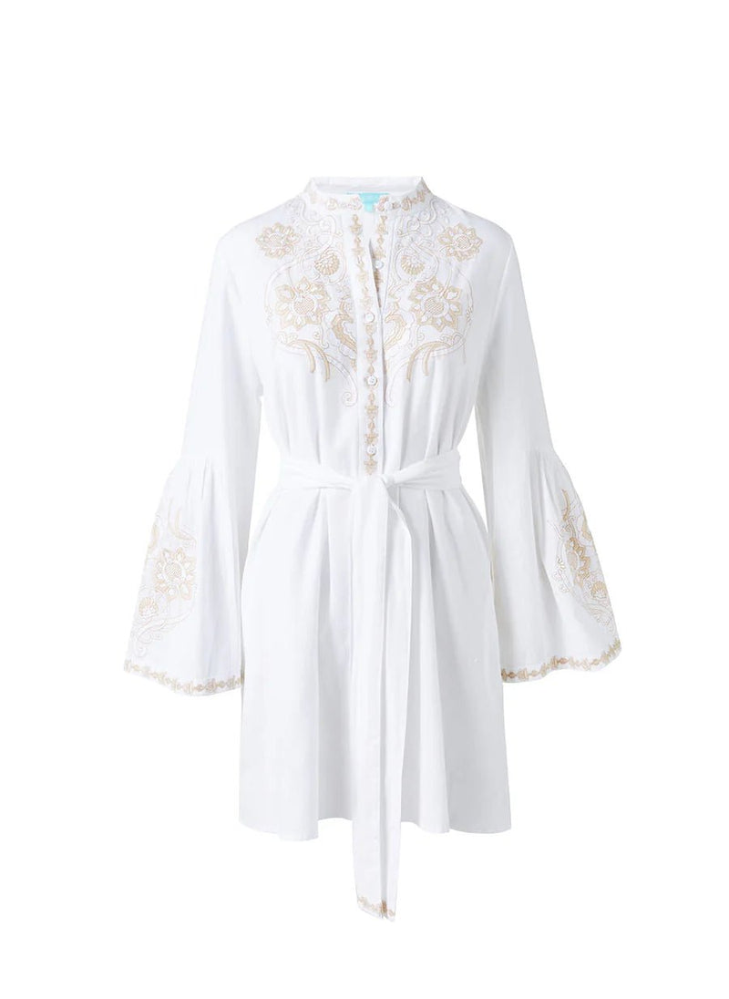 Caftans Melissa Odabash Everly Embroidered Belted Short Dress White/Tan Apoella