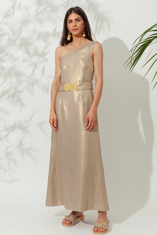 Dresses Ancient Kallos Helios One Shoulder Midi Dress With Golden Buckles Gold Apoella