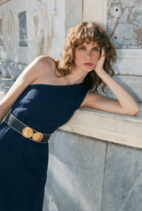 Dresses Ancient Kallos Ino Linen One Shoulder Dress Golden Shell Buckles Navy Blue Apoella
