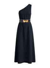 Dresses Ancient Kallos Ino Linen One Shoulder Dress Golden Shell Buckles Navy Blue Apoella