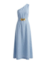 Dresses Ancient Kallos Ino Linen One Shoulder Dress Golden Shell Buckles Sky Blue Apoella