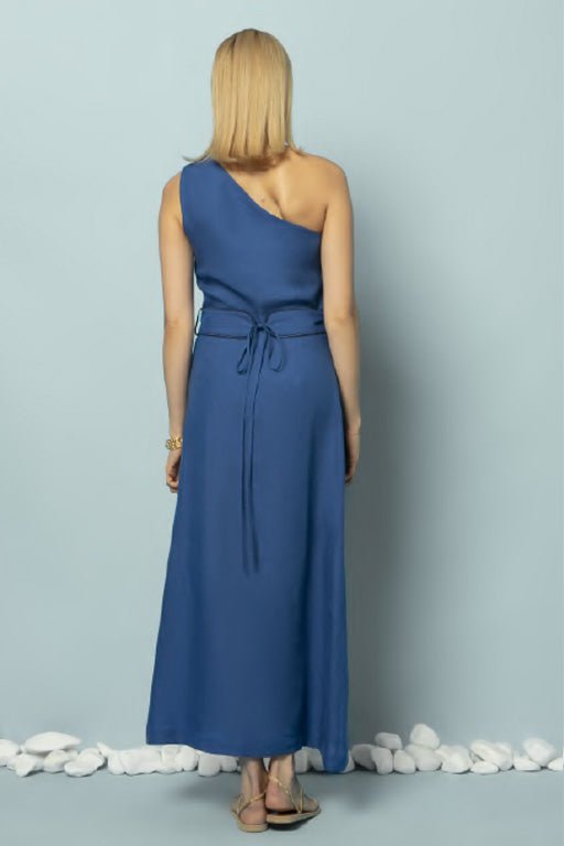 Dresses Ancient Kallos Ino One Shoulder Linen Midi Dress W. Gold Buckles Greek Blue S / Blue Apoella