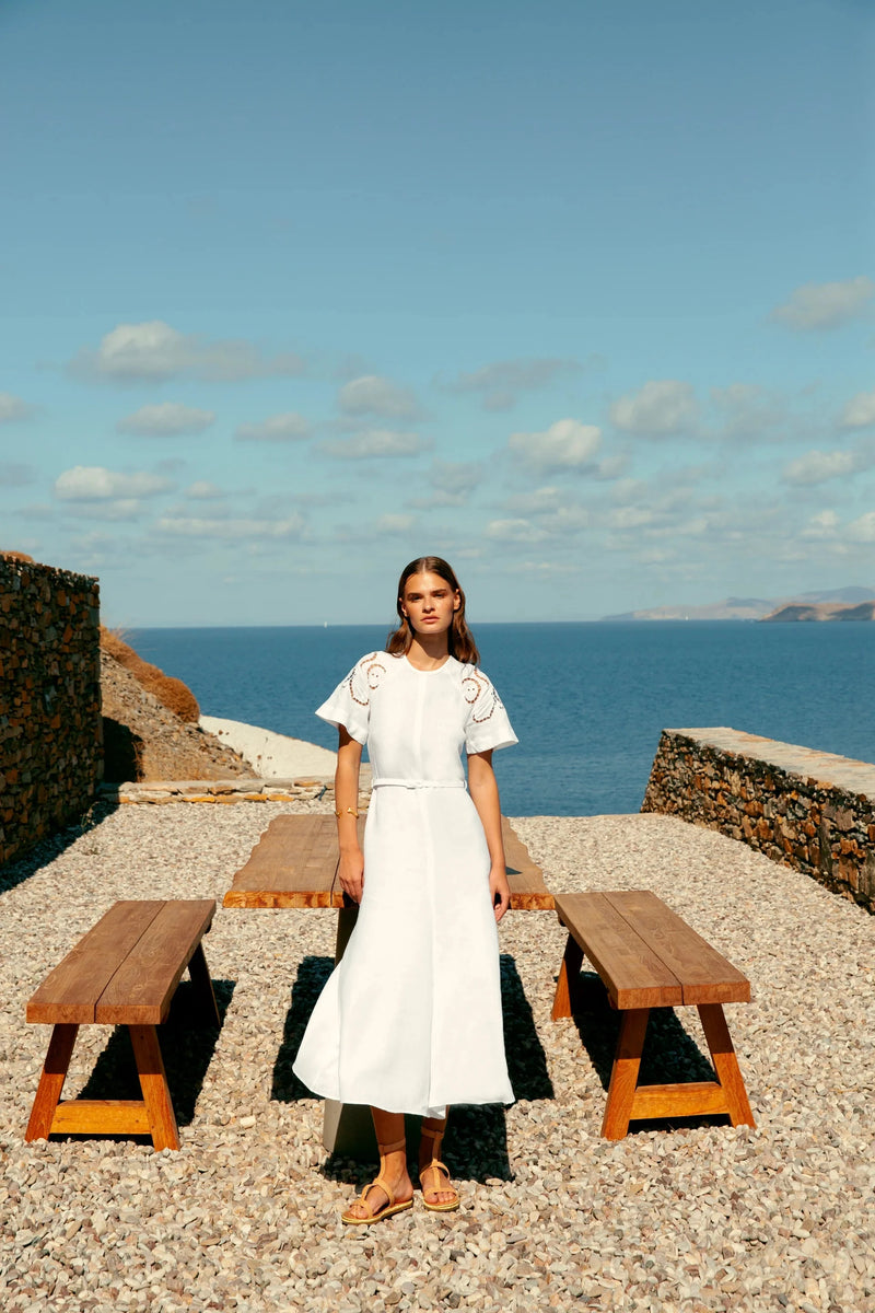 Dresses Ancient Kallos Iphigenia Cut Embroidered Midi Dress White S / White Apoella