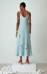Dresses Ancient Kallos Little Venice Linen Cut Embroidered Long Dress Pistachio Apoella
