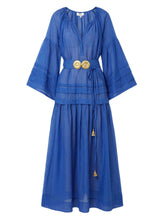Dresses Ancient Kallos Mykonos Silk Cotton Long Dress W. Golden Buckles & Tassels Greek Blue O/S / Blue Apoella