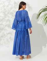 Dresses Ancient Kallos Mykonos Silk Cotton Long Dress W. Golden Buckles & Tassels Greek Blue O/S / Blue Apoella